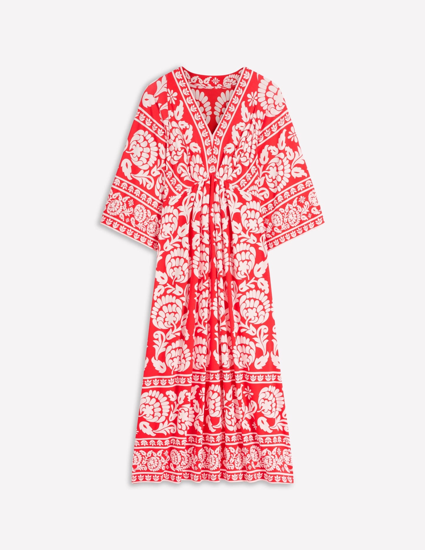Nell Kimono Midi Jersey Dress-Bright Cherry, Ornate Floret