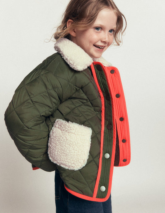 Reversible Borg Quilted Jacket-Falcon Green