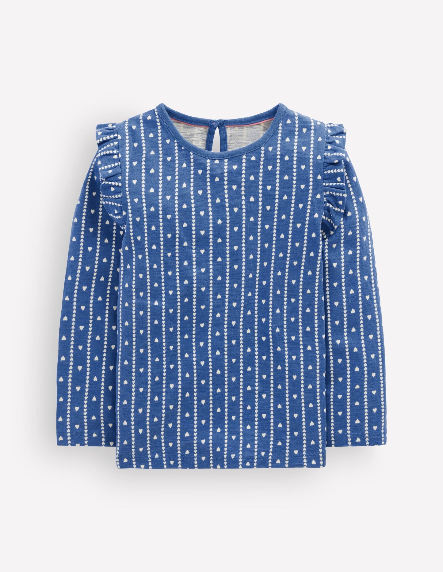 Frill Sleeve Slub Top-Blue Linear Hearts
