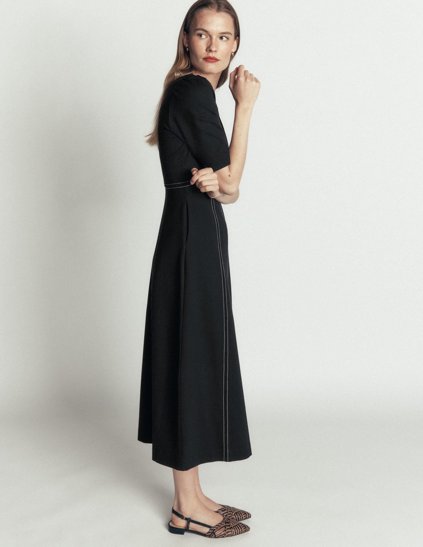 Puff Sleeve Ponte Midi Dress-Black