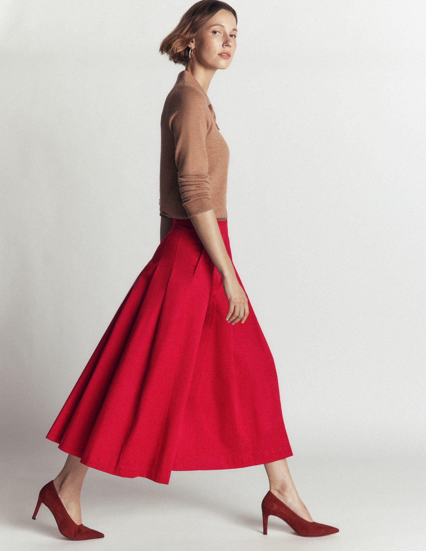 Aya Cotton Sateen Midi Skirt-Crimson Red