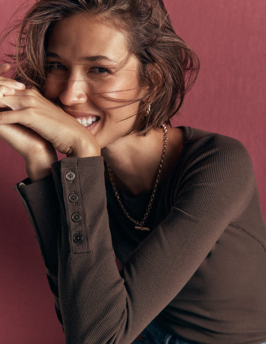 Button Cuff Ribbed Boatneck-Bitter Chocolate