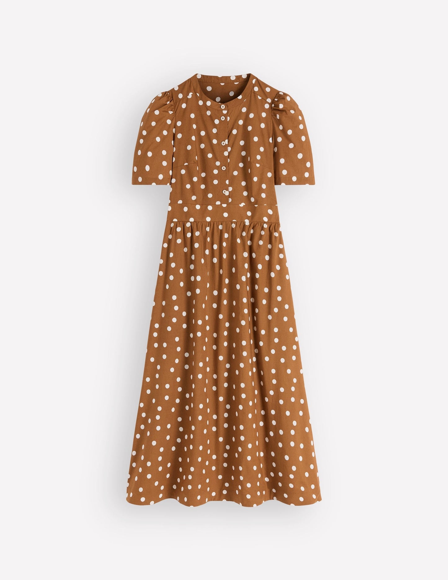 Ivy Button Cotton Midi Dress-Brown Painted Dot Spaced