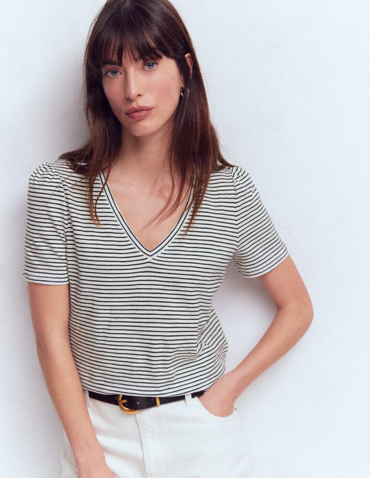 Sophie V-neck Slub T-shirt-Ivory, Navy Stripe