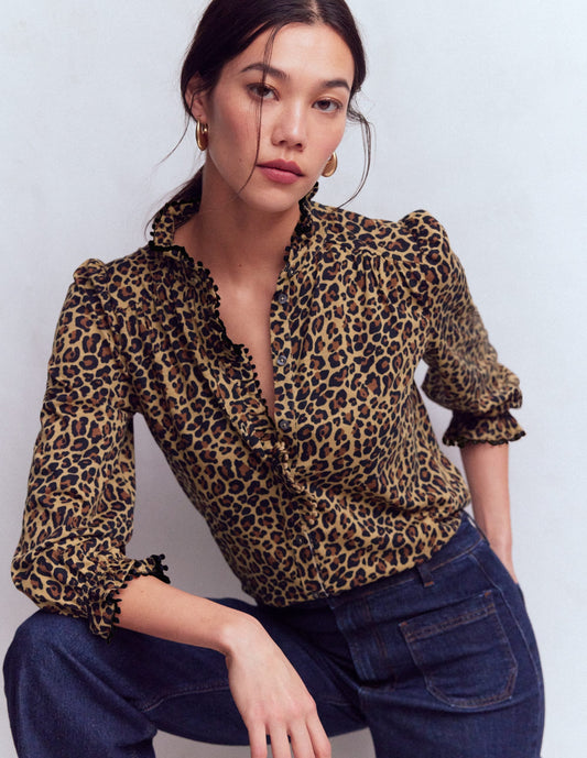 Emily Pom Trim Ruffle Shirt-Cheetah Spot