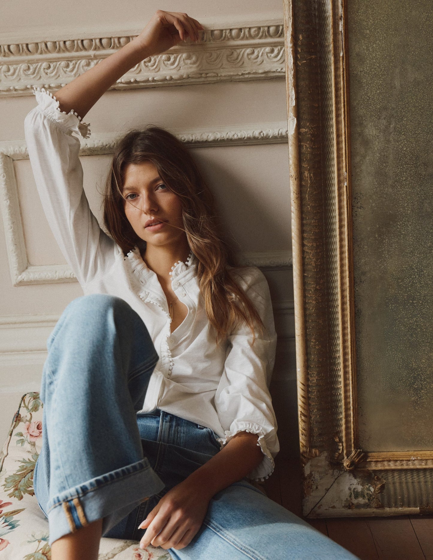 Emily Pom Trim Ruffle Shirt-Ivory
