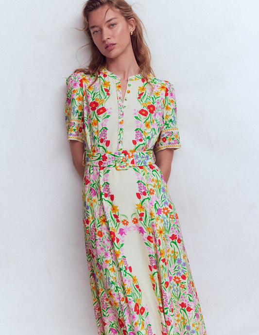 Kate Puff Sleeve Belted Dress-Ivory, Elegant Garden