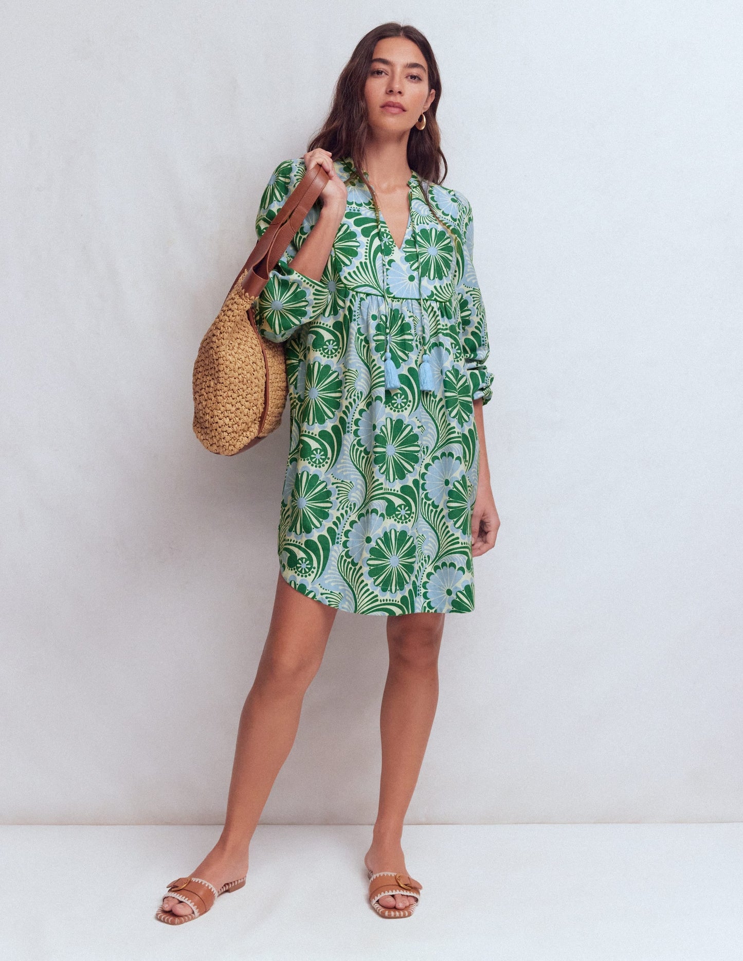 Pia Linen Yoke Tassel Dress-Blue Euphoric Garden