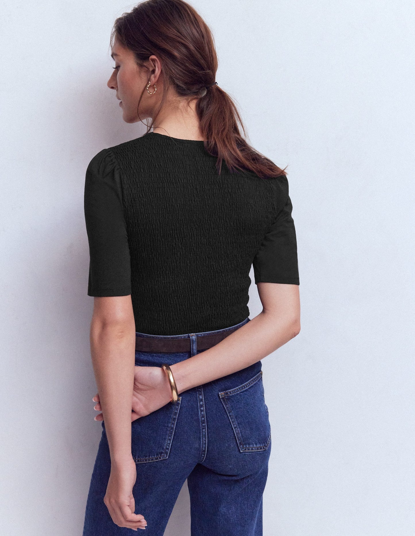 Smocked V Neck Top-Black