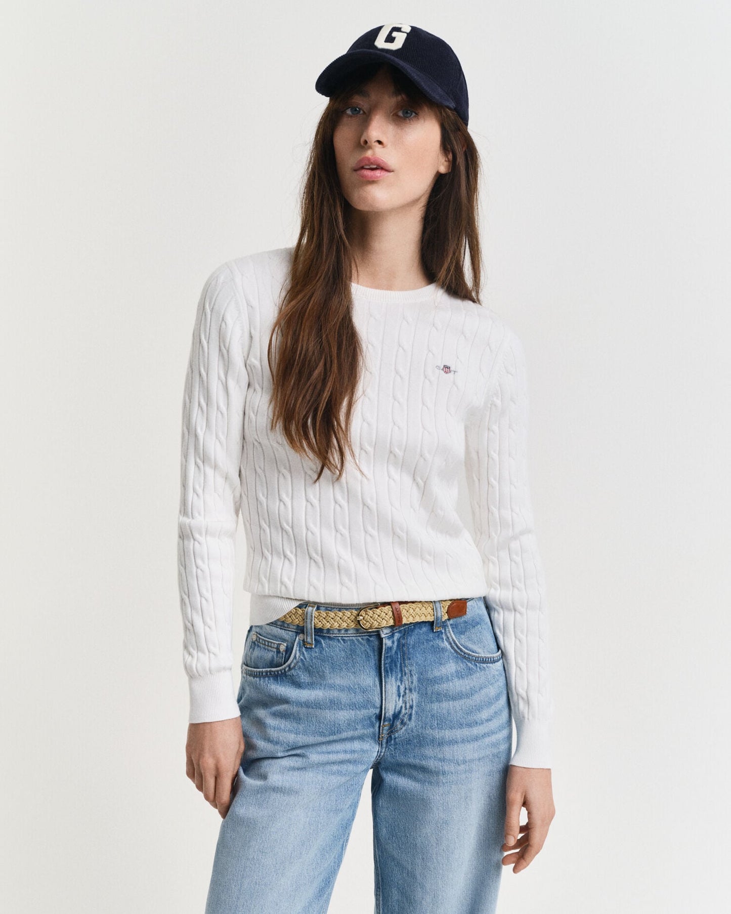 Pull ras-du-cou en maille torsadée de coton extensible