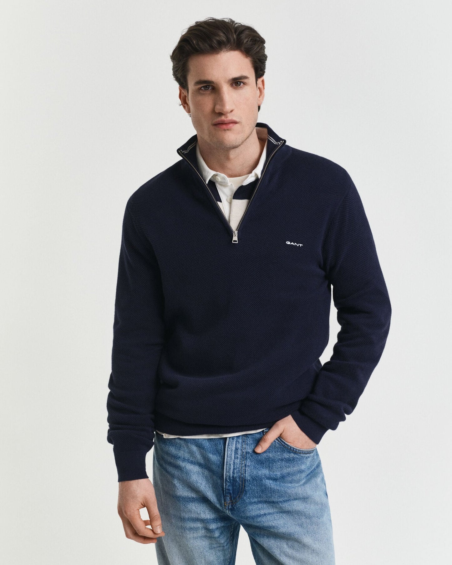 Pull en coton piqué demi-zippé
