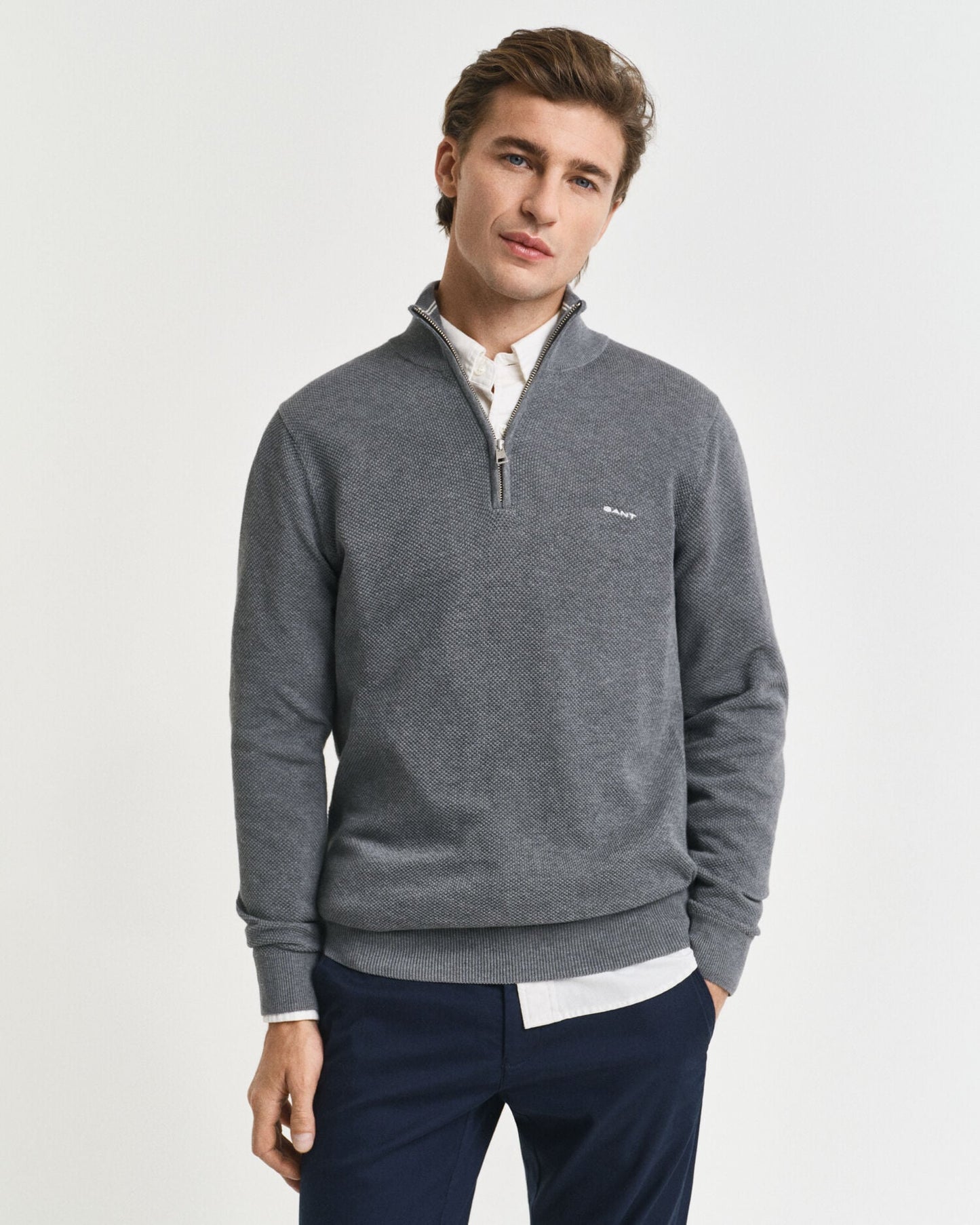 Pull en coton piqué demi-zippé