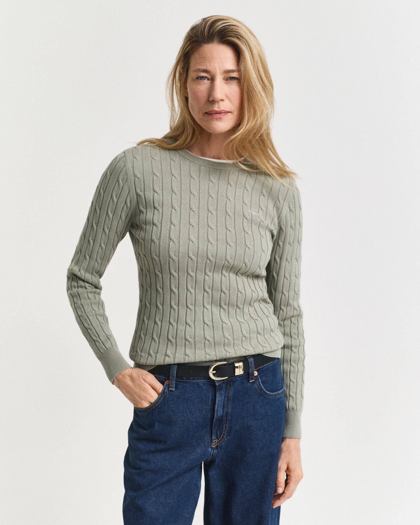 Pull ras-du-cou en maille torsadée de coton extensible