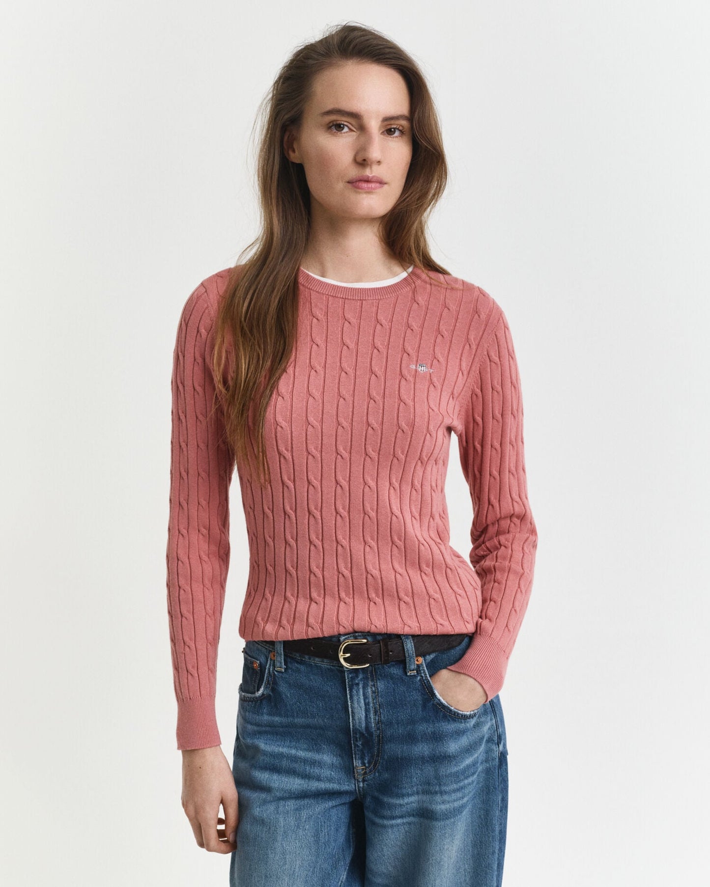 Pull ras-du-cou en maille torsadée de coton extensible