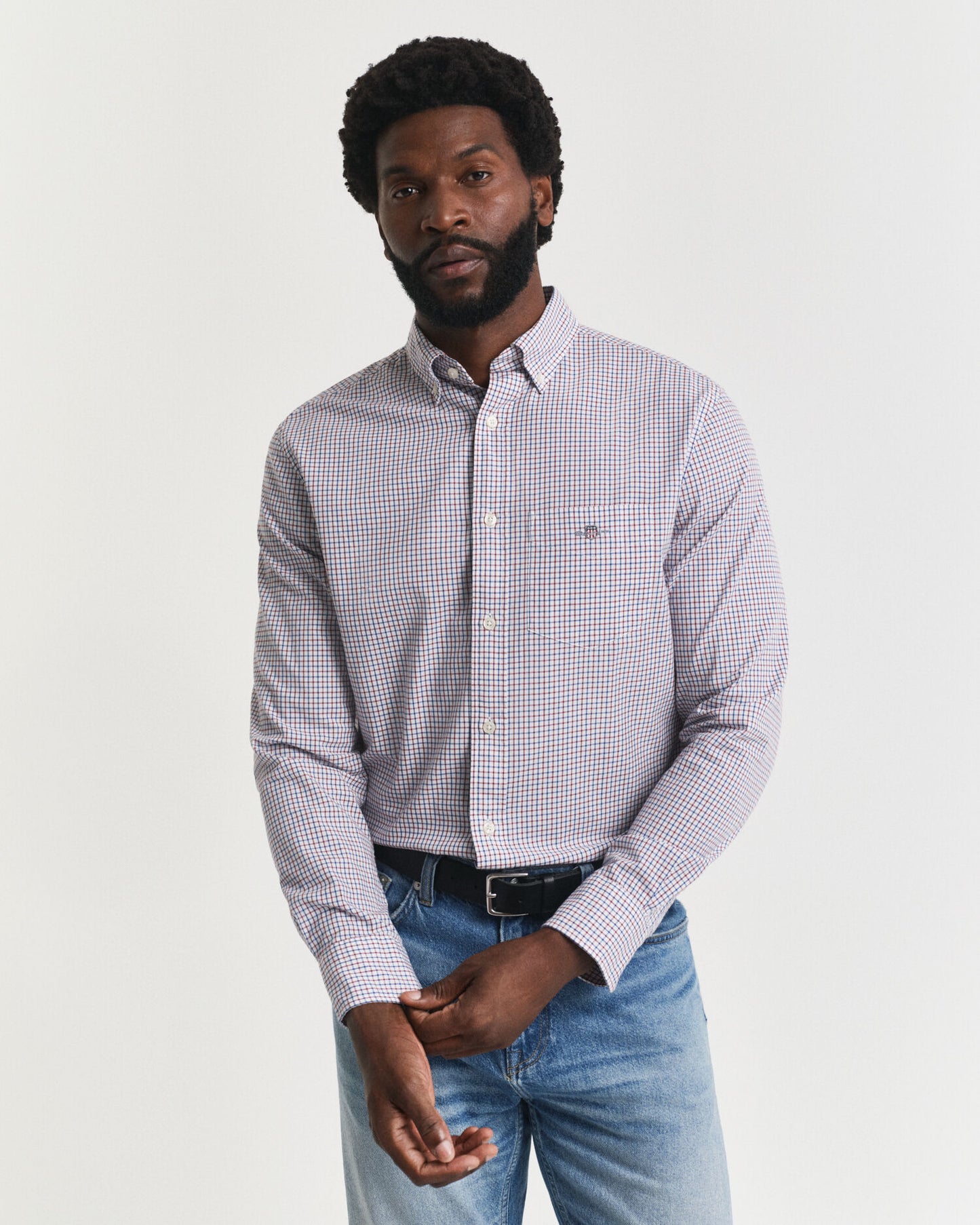 Chemise classique popeline à carreaux micro, coupe droite
