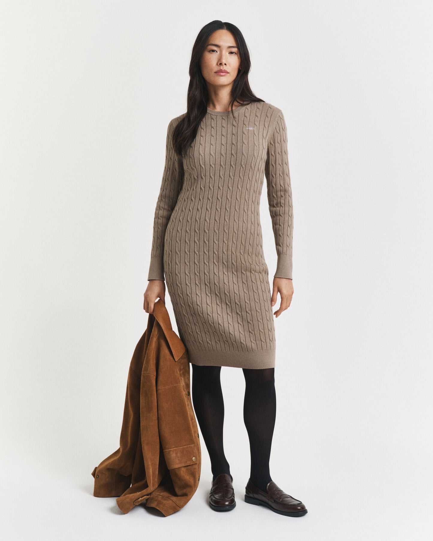 Robe Col Rond en Coton Extensible à Maille Torsadée