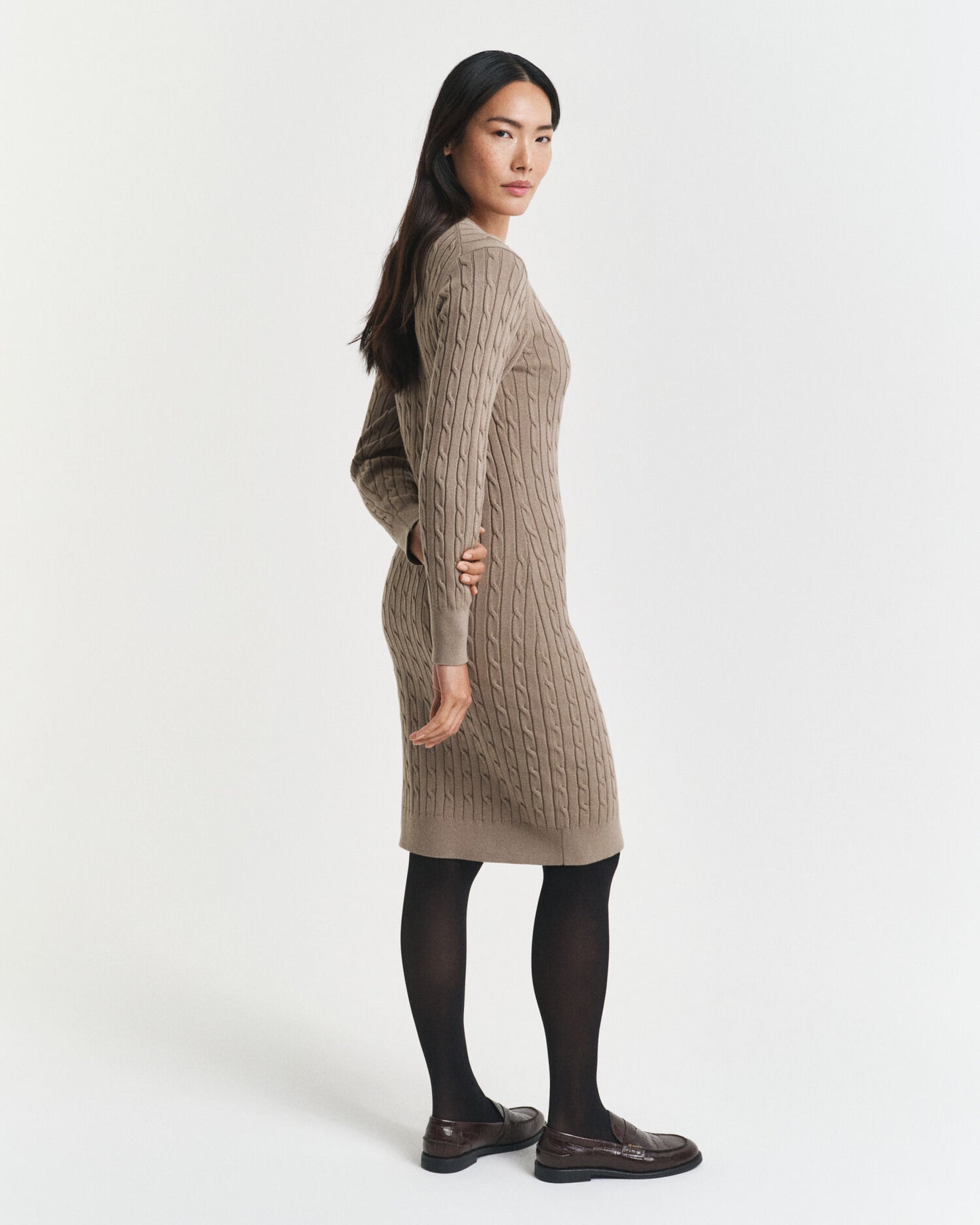 Robe Col Rond en Coton Extensible à Maille Torsadée