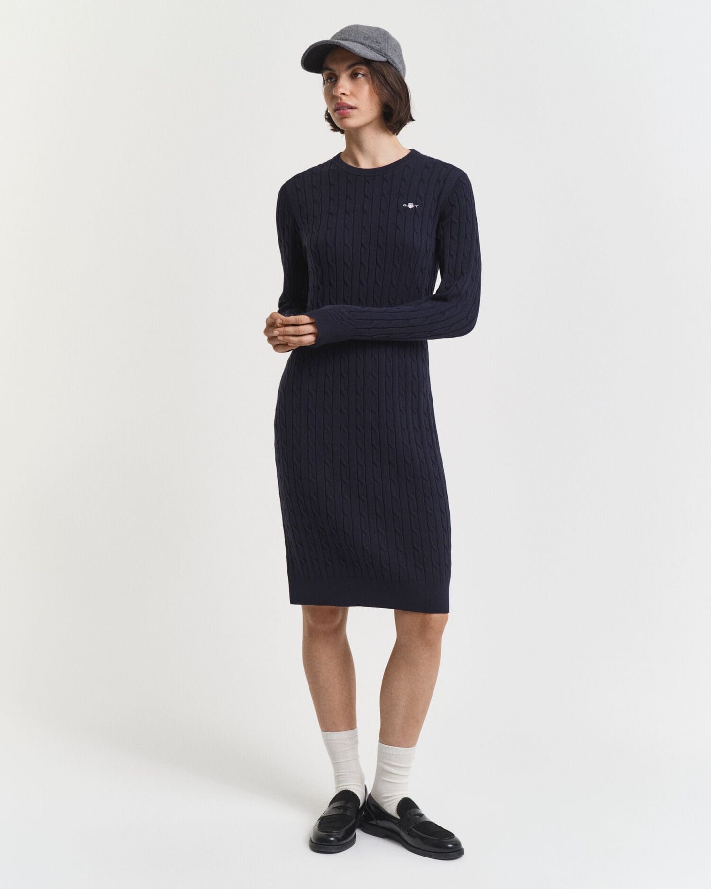 Robe Col Rond en Coton Extensible à Maille Torsadée