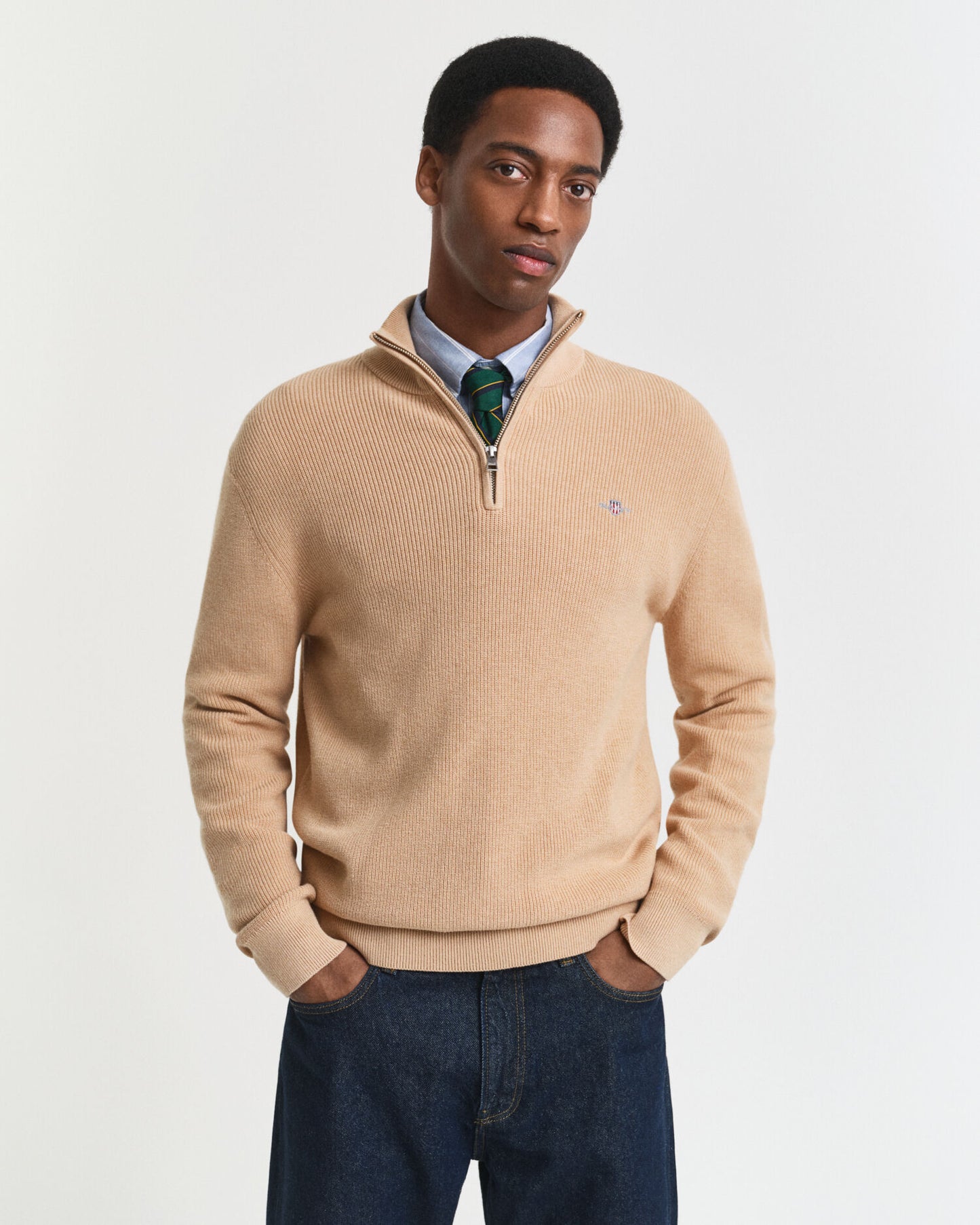 Gerippter Baumwoll-Merinowolle-Half-Zip-Pullover