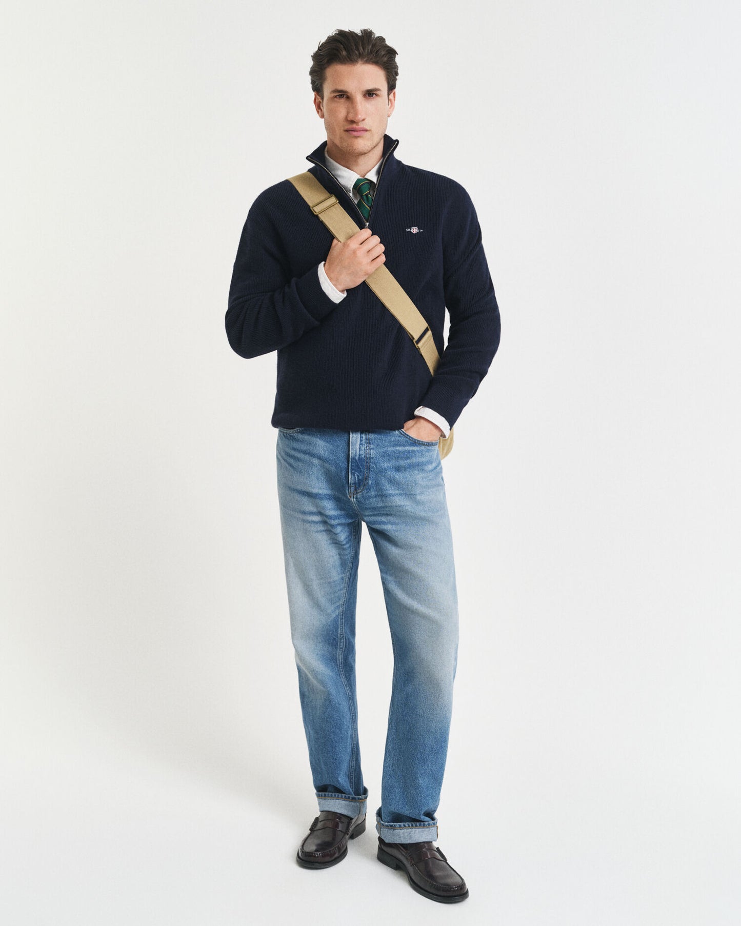 Gerippter Baumwoll-Merinowolle-Half-Zip-Pullover