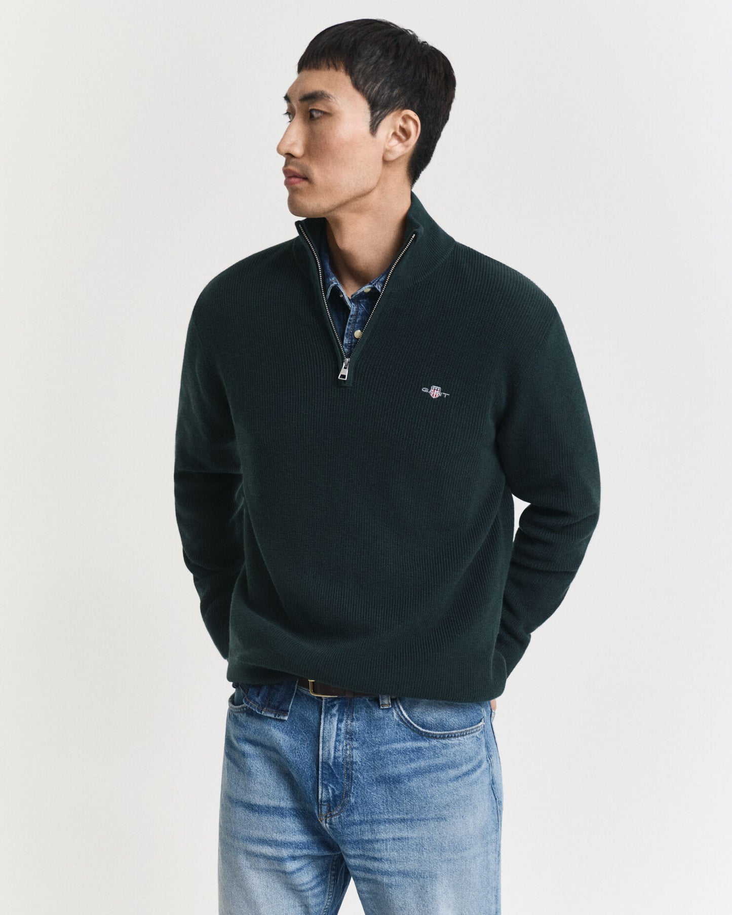 Gerippter Baumwoll-Merinowolle-Half-Zip-Pullover
