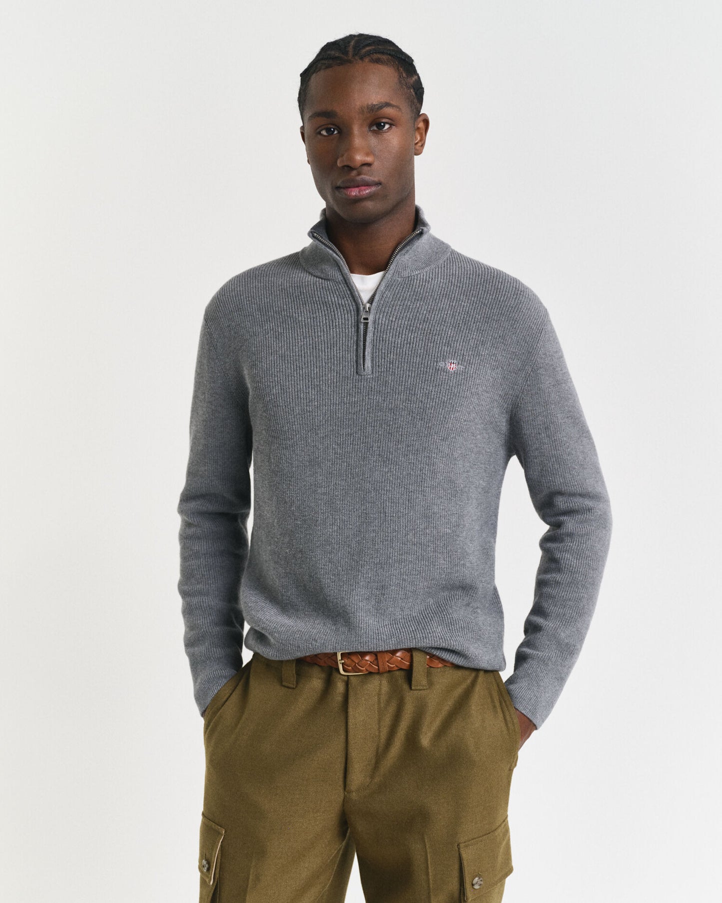 Gerippter Baumwoll-Merinowolle-Half-Zip-Pullover